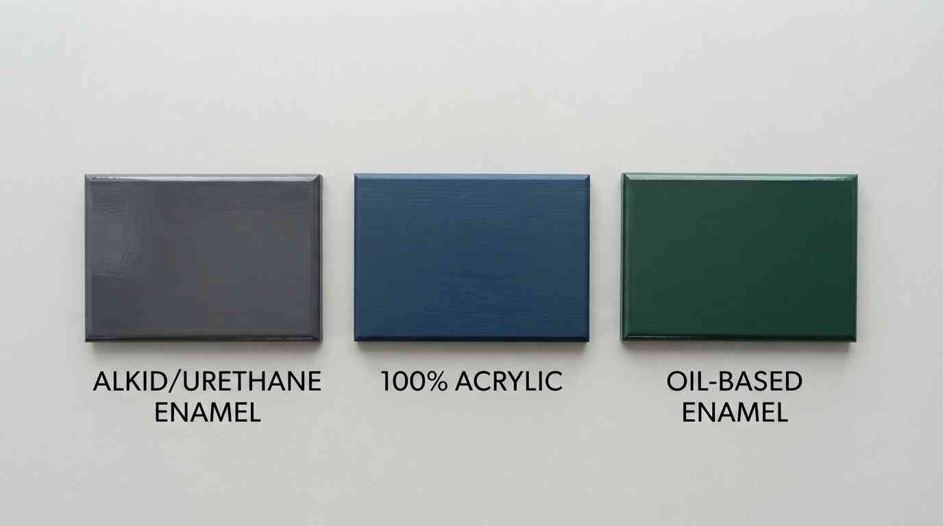 Comparison of alkyd enamel, acrylic paint, and oil-based enamel swatches for kitchen cabinets