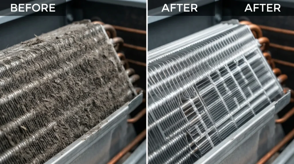 Before and after comparison of a dirty versus cleaned air conditioner evaporator coil during a tune-up