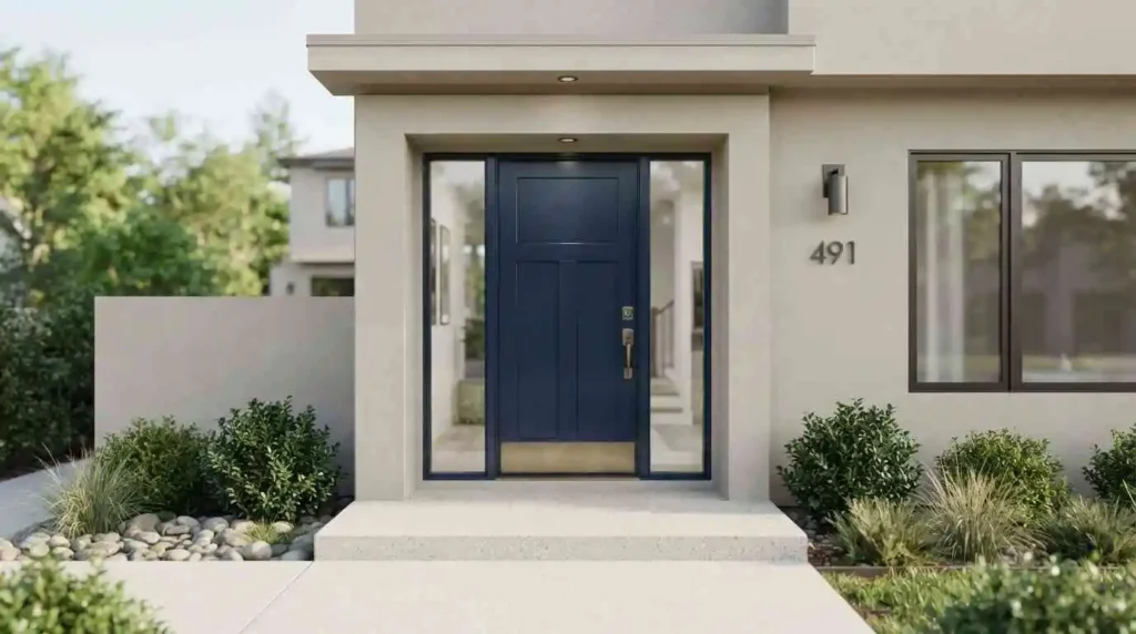 Front door painted in navy blue semi-gloss finish on a modern home exterior