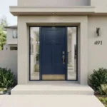 Front door painted in navy blue semi-gloss finish on a modern home exterior