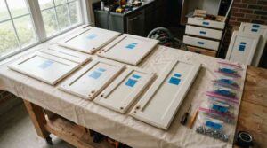 Kitchen cabinet doors removed and labeled with painter's tape before painting