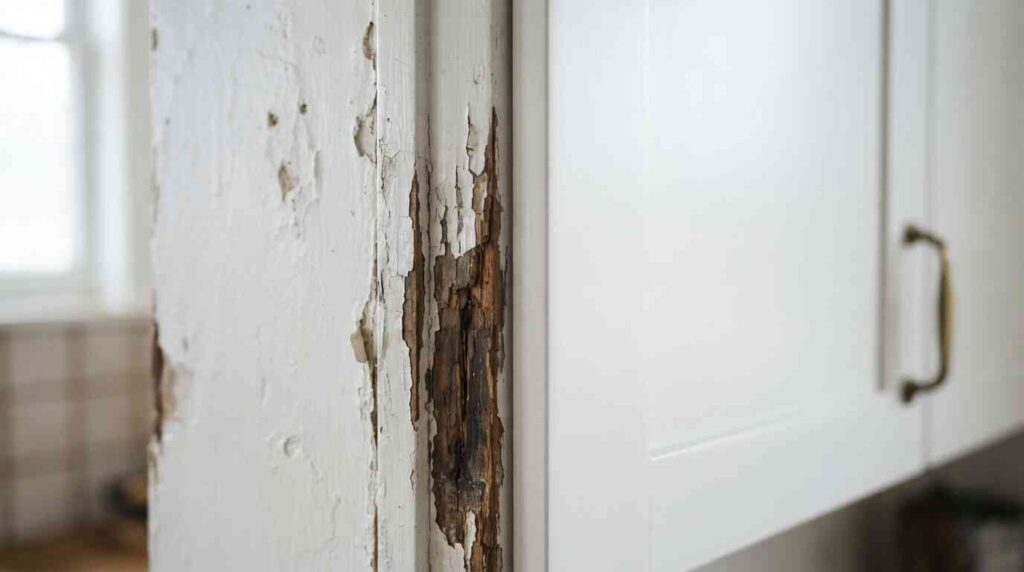 Comparison of chipped wall paint versus smooth kitchen cabinet paint finish on a cabinet door edge