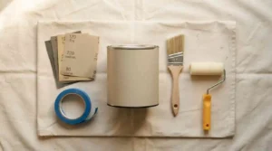 Front door paint prep supplies: sandpaper, angled brush, foam roller, and painter's tape