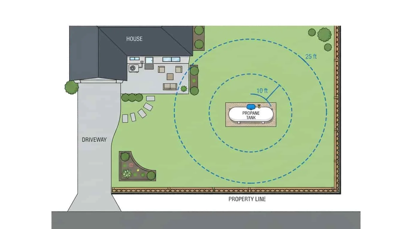 Underground propane tank being buried in a yard, showing excavation depth and access dome for underground installation