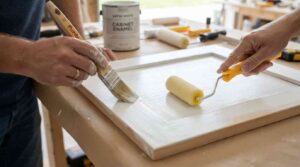 Painter using an angled brush and mini roller to apply cabinet paint on a kitchen cabinet door