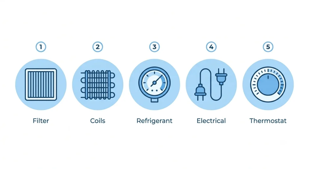 Air conditioner tune-up checklist showing five steps — filter replacement, coil cleaning, refrigerant check, electrical inspection, and thermostat calibration