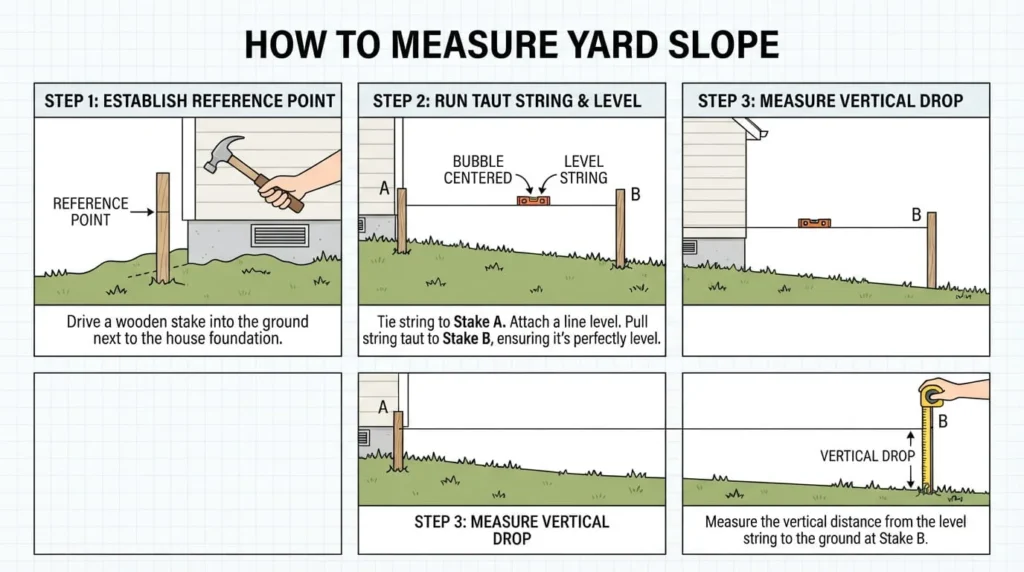 Step-by-step illustration showing how to measure yard slope using stakes, string, and a line level