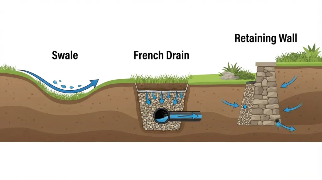 Diagram comparing a properly graded yard sloping away from the foundation versus a poorly graded yard with pooling water