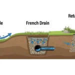 Diagram comparing a properly graded yard sloping away from the foundation versus a poorly graded yard with pooling water