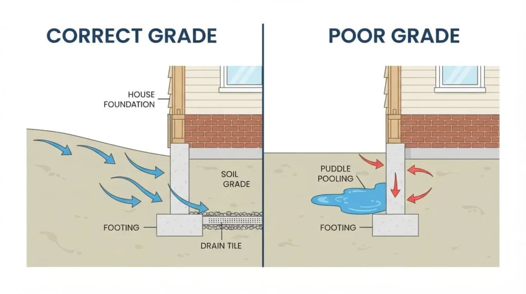 Cross-section diagram comparing a swale, a French drain, and a retaining wall as yard drainage solutions